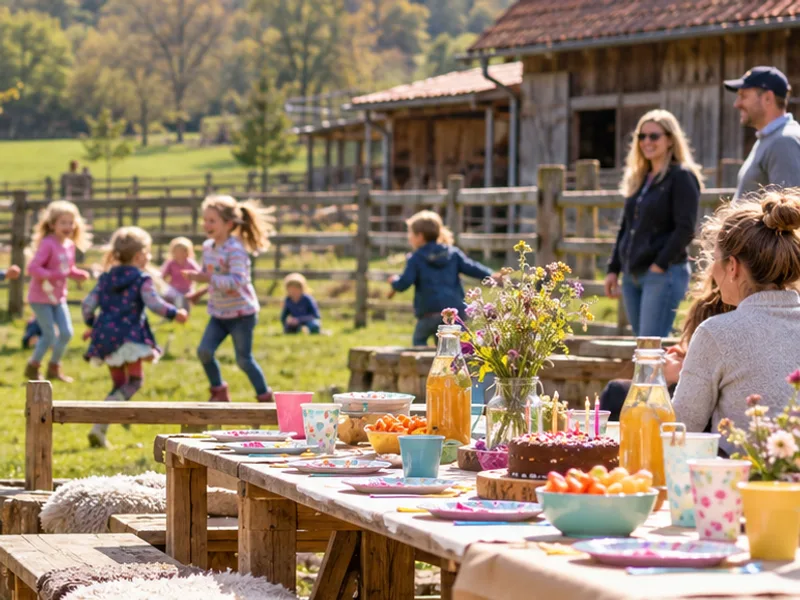 Geburtstagstafel vor der Scheune, dahinter spielende Kinder